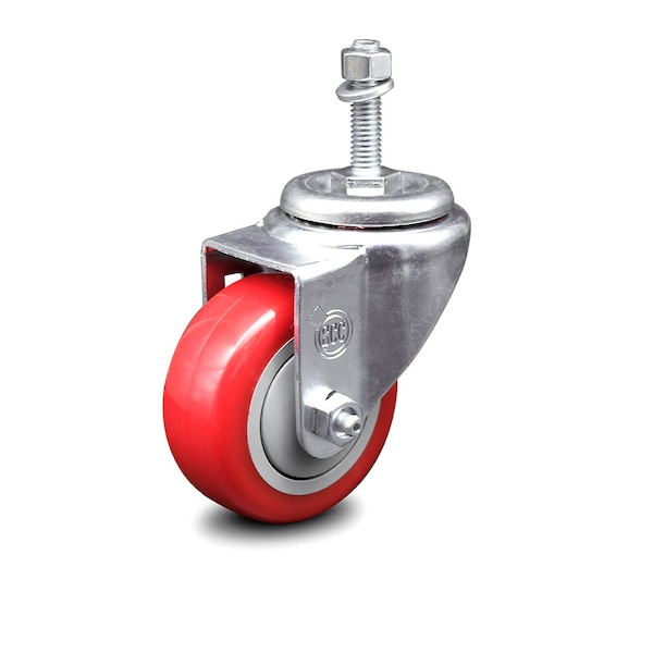 3.5 Inch Red Polyurethane Wheel Swivel 10mm Threaded Stem Caster SCC